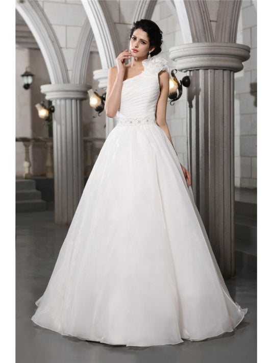 A-line Princess Sexy One Shoulder Sleeveless Beaded Long Organza Wedding Dress