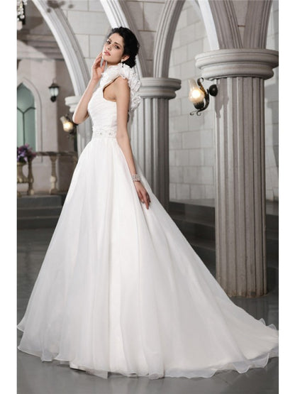 A-line Princess Sexy One Shoulder Sleeveless Beaded Long Organza Wedding Dress