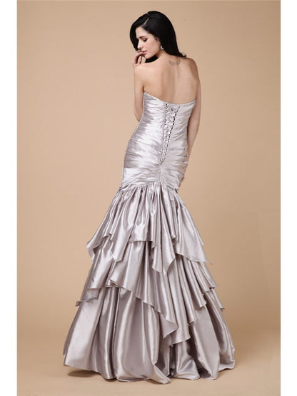 Elegant mermaid sleeveless pleated long stretch woven satin dress