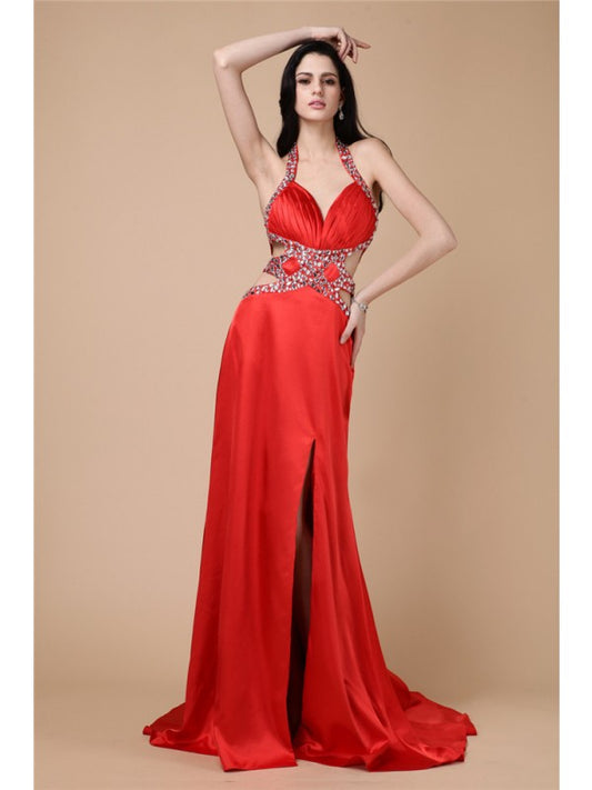 Pillar sleeveless beaded elastic woven long satin dress