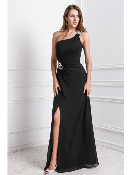 Sheath Pillar Sexy One Shoulder Sleeveless Beaded Dress
