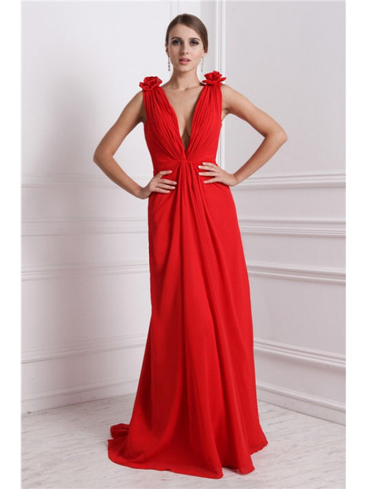 Elegant Princess V-neck Sleeveless Handmade Flower Chiffon Dress