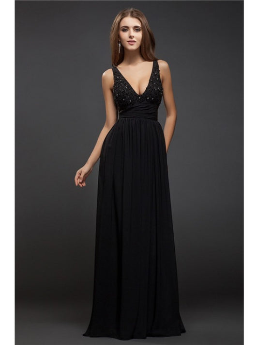 Sleeveless beaded lace long chiffon dress with elegant V-neck and cylindrical sheath