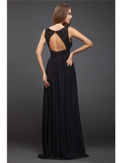 Sleeveless beaded lace long chiffon dress with elegant V-neck and cylindrical sheath