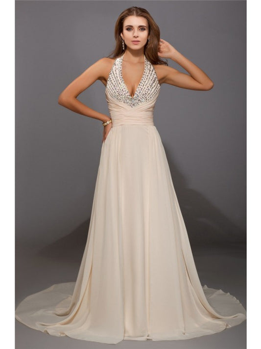 Sexy V-neck beaded sleeveless long chiffon dress