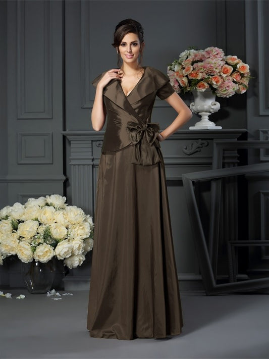 A-line Princess V-neck Bow Short Sleeve Long Dress Bride Mother Dress