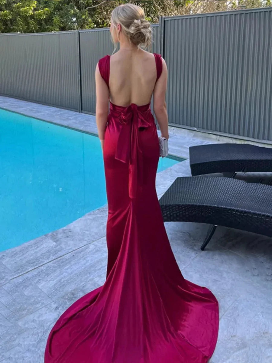 Backless Knot Strap Velvet Mermaid Evening Dresses (Burgundy)