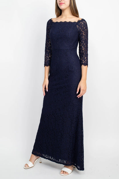Scalloped Square Neck 3/4 Sleeve Bodycon Zipper Back Slit Back Lace Mother of the Bride Dresses