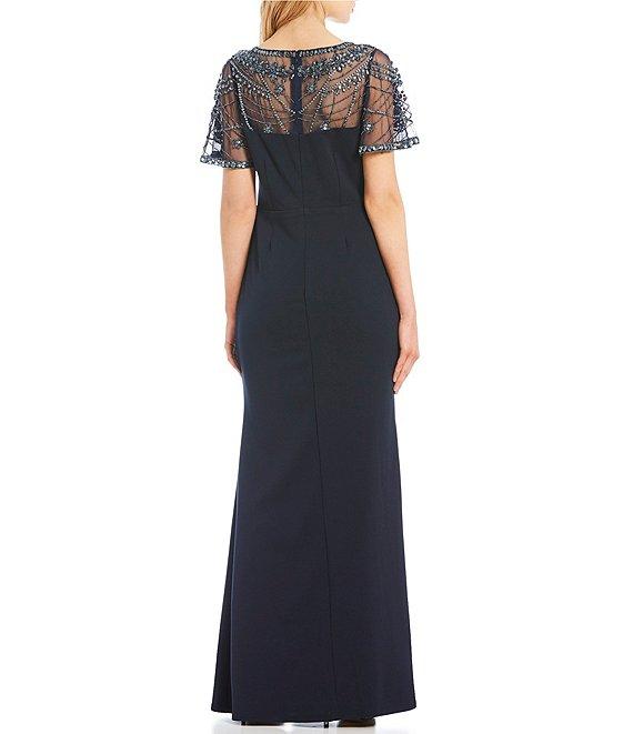 V-Neck Long Sleeve Embellished Waist Box Pleat Zipper Back Crepe Mother of the Bride Dresses