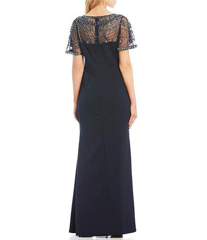 V-Neck Long Sleeve Embellished Waist Box Pleat Zipper Back Crepe Mother of the Bride Dresses