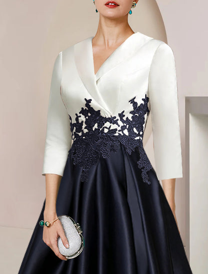 A-line Bride Mom Dress Formal Wedding Guests High and Low Shirt Collar Asymmetric Tea Long Satin Lace 3/4 Long Sleeves with Applique Color Blocks