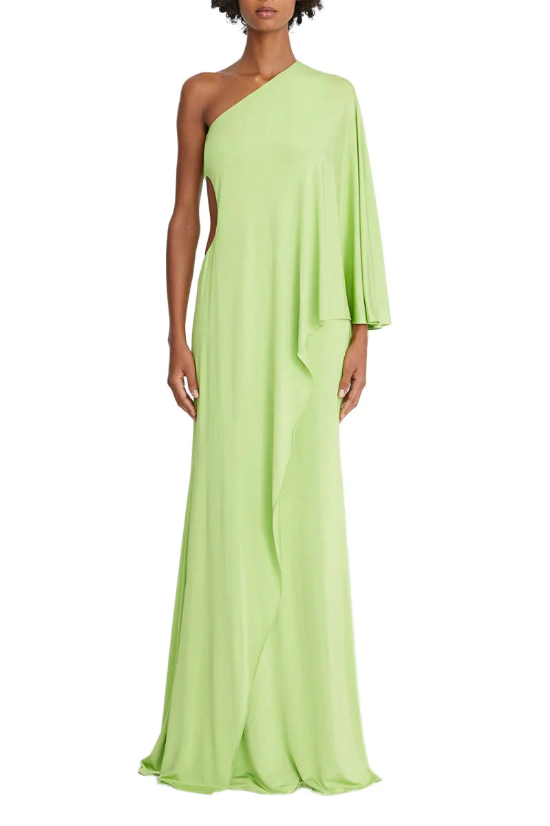Halston One Shoulder Bodycon Cascade Jersey Prom Dresses