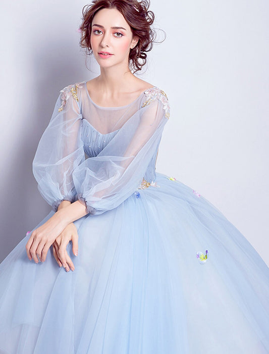 Ball Dress Elegant Adult Wedding Engagement Floor length 3/4 Long Sleeve Phantom Neckline Thin Gauze with Folded Applique