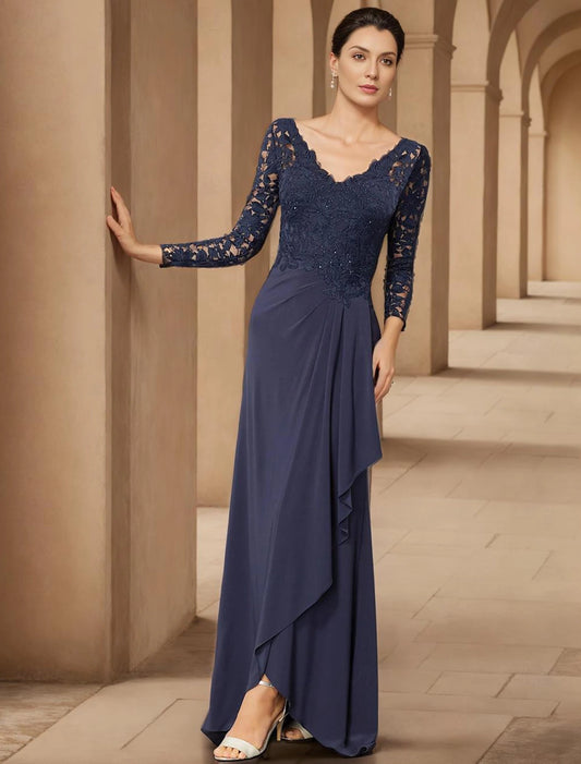 Mermaid Horn Bride Mom Dress Elegant and atmospheric Dress V-neck Asymmetric Floor to Floor Long Sleeve Chiffon Long Sleeve Half Sleeve Lace Drop Fold