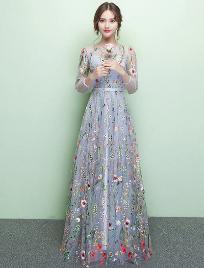 A-line Evening Dress Elegant Wedding Guests Formal Dinner Floor length 3/4 Long Sleeves Jewel Neckline Lace Embroidery