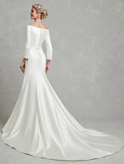 Minimalist and Low Luxury Wedding Dress Mermaid Loudspeaker Off Shoulder Long sleeved Church Tailed Satin Bridal Dress with Folded Wedding Party