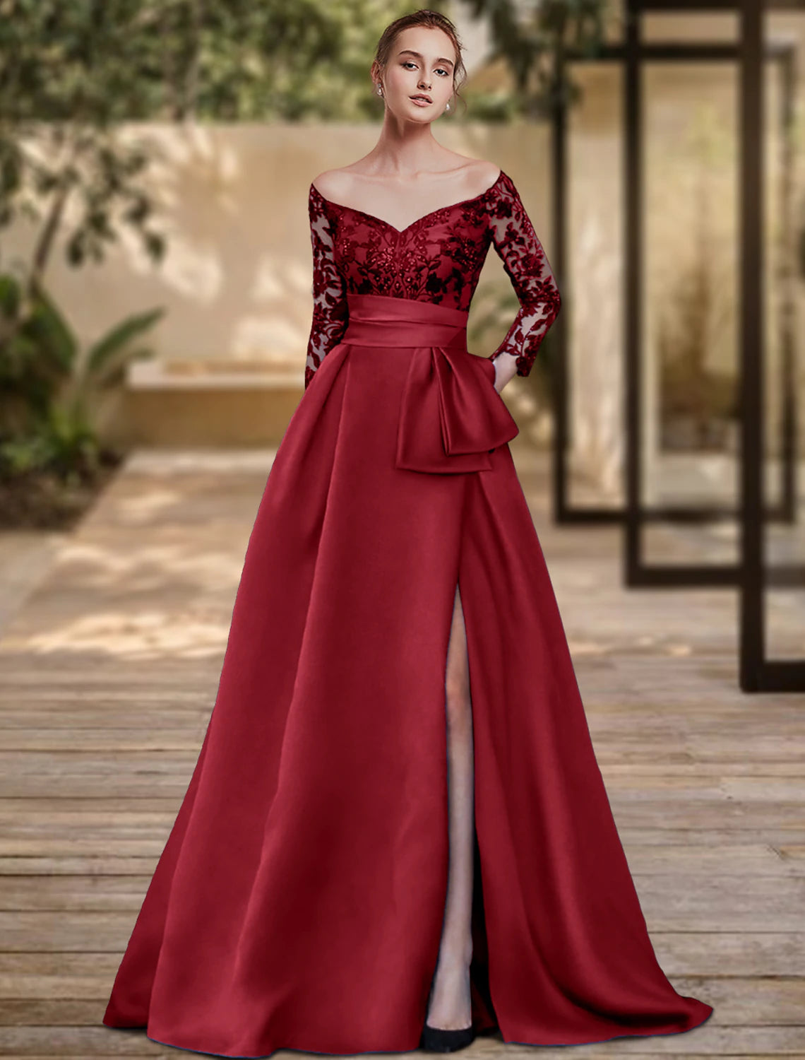 Tight column style evening dress with high slit for formal wedding guests broomstick tail&nbsp; 3/4 long sleeved off shoulder soft satin with bow slit