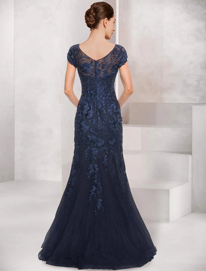 Bride Mom Mermaid Loudspeaker Dress Elegant Black Dress V-neck Floor Chiffon Cap Sleeves Lace Ruffle