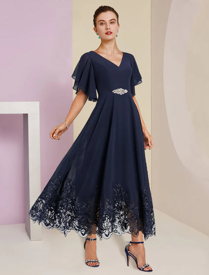 A-shaped Bride Mom Dress Formal Wedding Elegant and dignified V-neck Tea Long Chiffon Lace Short Sleeves with Applique Crystal Breast Pin