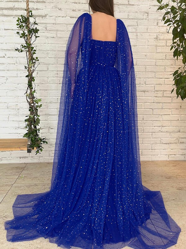 A-line Princess Ruffle Edge Square Long sleeved Party Evening Dress