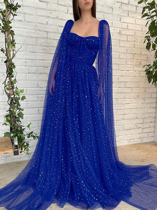 A-line Princess Ruffle Edge Square Long sleeved Party Evening Dress
