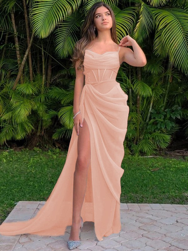 Elegant stand up collar organza pleated fine shoulder strap sleeveless sweeping floral drag dress