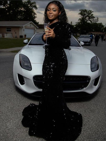 Pillar sequin pleated one shoulder long sleeved sweet and sexy strapless dress