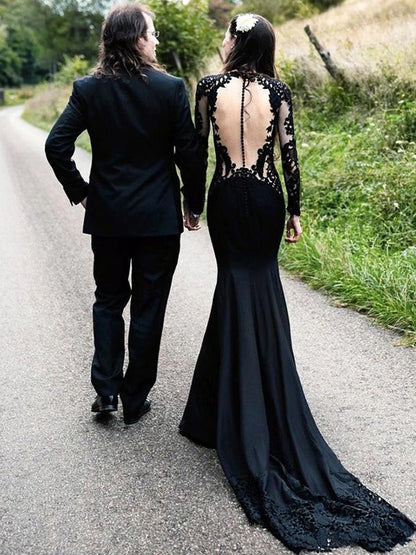 Pillar elastic sexy lace long sleeved and floor to floor formal dance dress