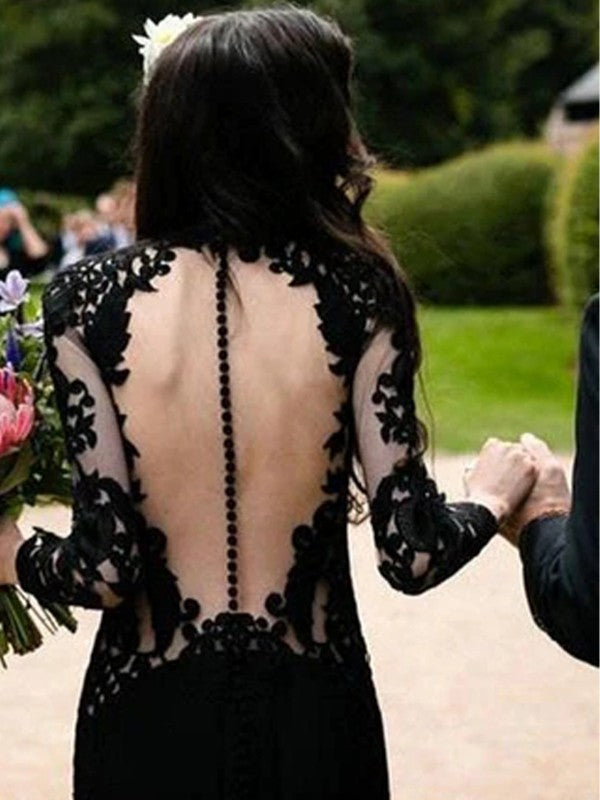 Pillar elastic sexy lace long sleeved and floor to floor formal dance dress