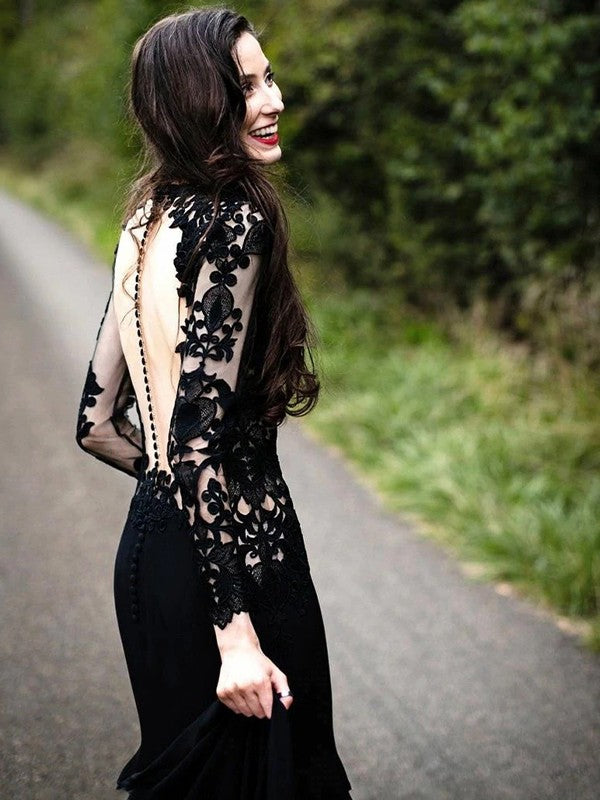 Pillar elastic sexy lace long sleeved and floor to floor formal dance dress