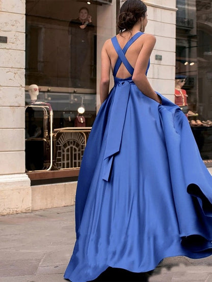 A-line Sweet Princess Satin Ruffle Edge Backband Sleeveless Brushed Color Dress