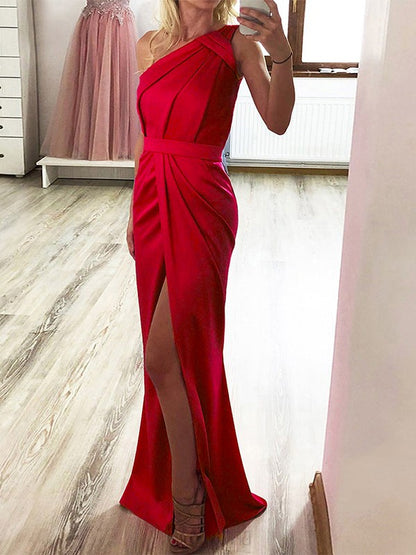 Column shaped elastic woven satin pleated single shoulder sleeveless brush skirt