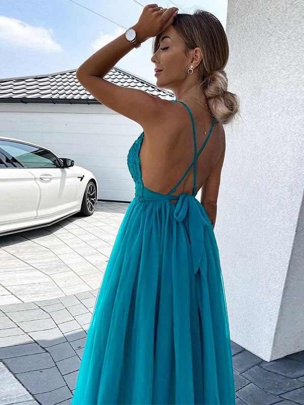 A-line Princess Tulle Applique V-neck Sleeveless Formal Party Bra Dress