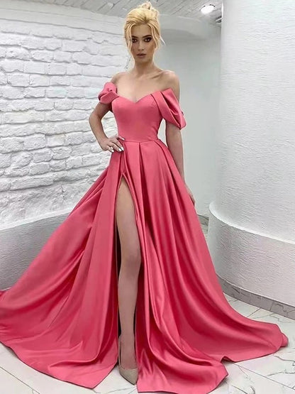 A-line skirt sweet princess satin ruffled edge off shoulder sleeveless strapless dress