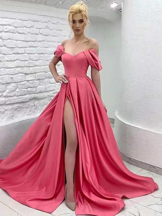 A-line skirt sweet princess satin ruffled edge off shoulder sleeveless strapless dress