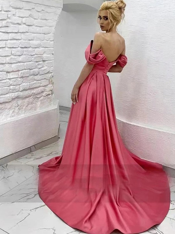 A-line skirt sweet princess satin ruffled edge off shoulder sleeveless strapless dress