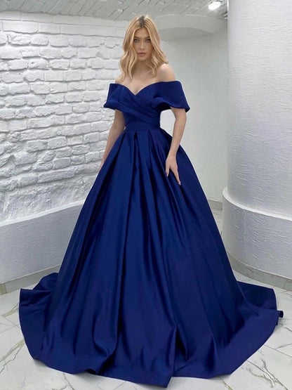 A-line skirt princess satin ruffled edge sexy off shoulder sleeveless strapless dress