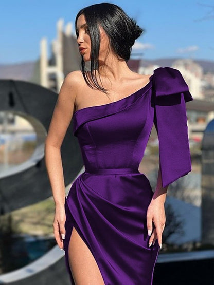 Cylindrical satin bow sexy single shoulder sleeveless sweeping brush dress
