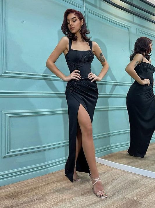 Cylindrical satin breasted shoulder strap sleeveless floor mop dress