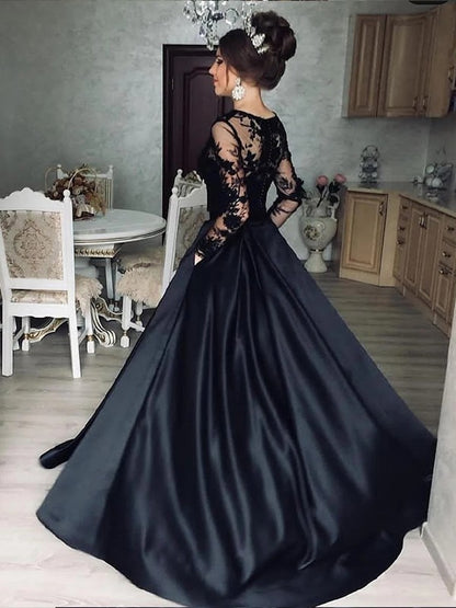 A-line elegant princess satin lace beto long sleeved strapless dress