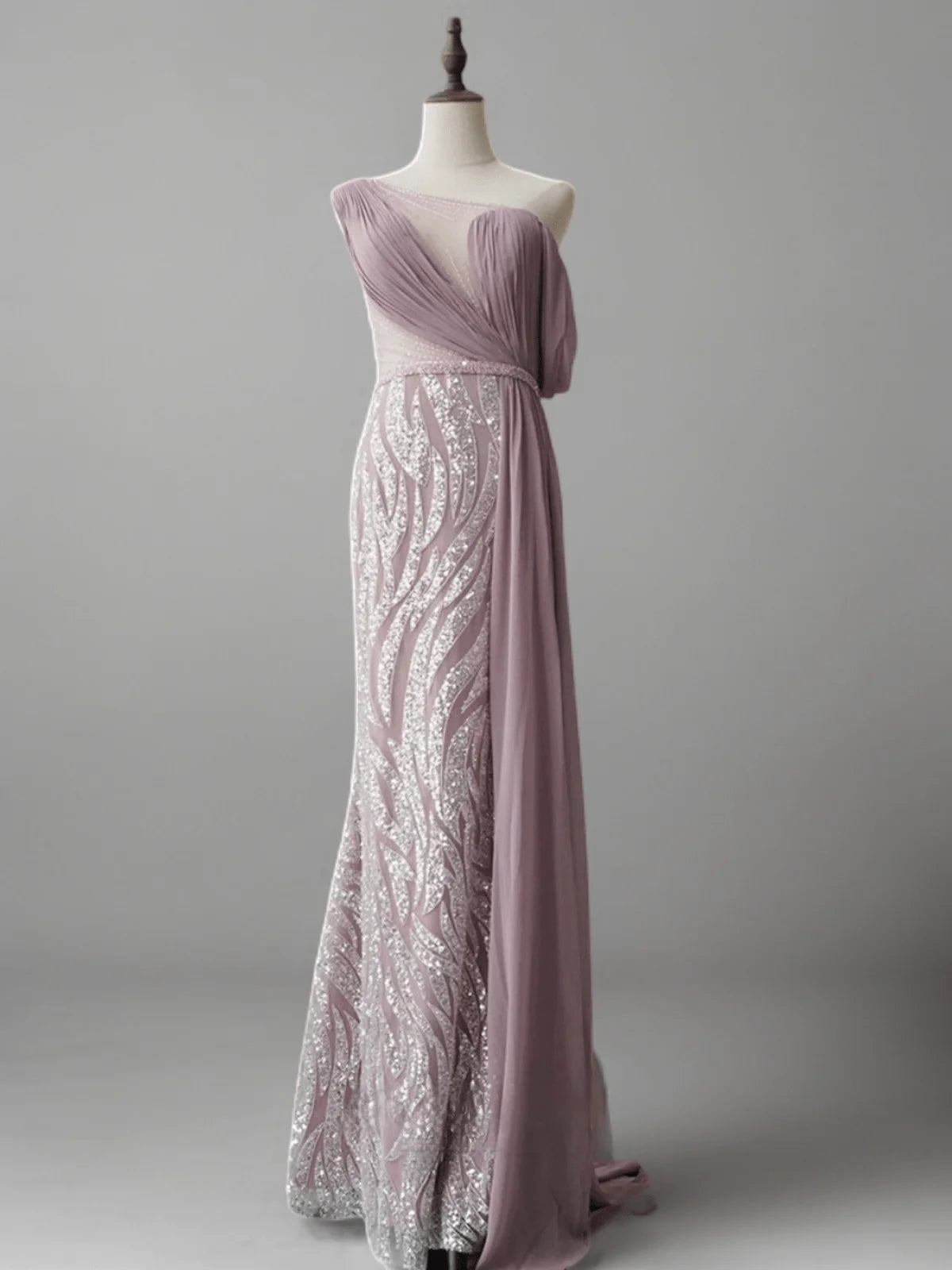 Blush Pink Elegance Sequin Evening Gown off one shoulder Evening Dress with Tulle