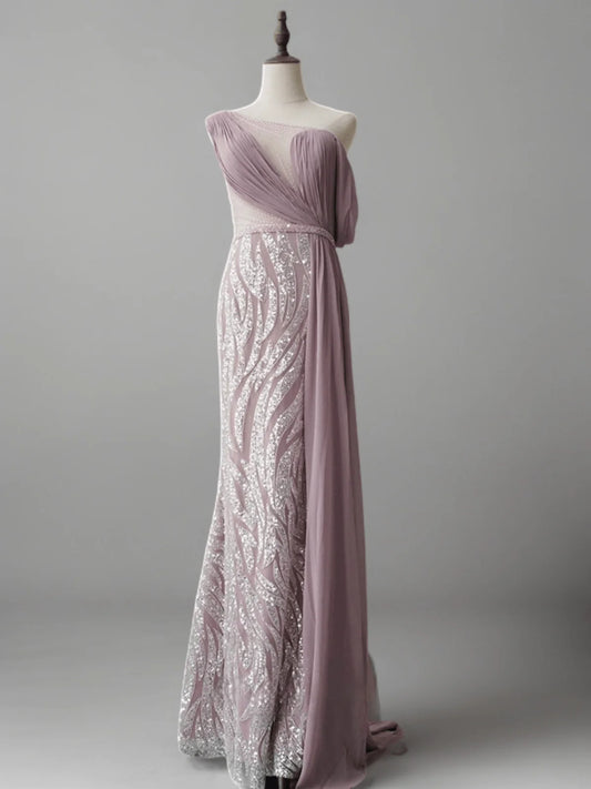 Blush Pink Elegance Sequin Evening Gown off one shoulder Evening Dress with Tulle