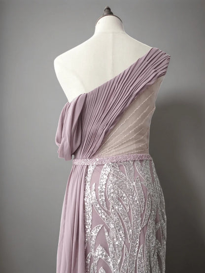Blush Pink Elegance Sequin Evening Gown off one shoulder Evening Dress with Tulle