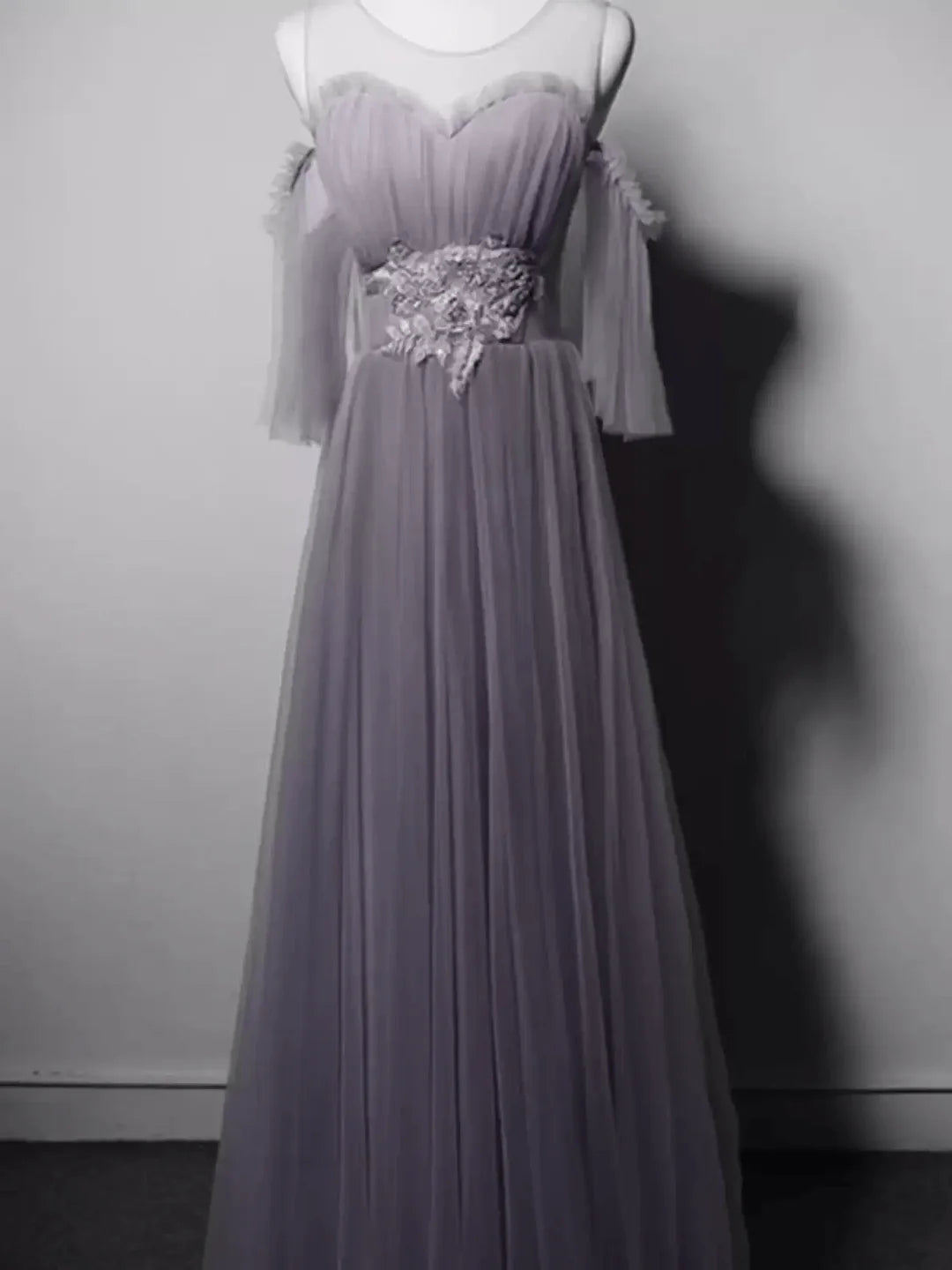 Gray Tulle Evening Dress with Embellished Waist Off-Shoulder Evening Gown with Sleeves