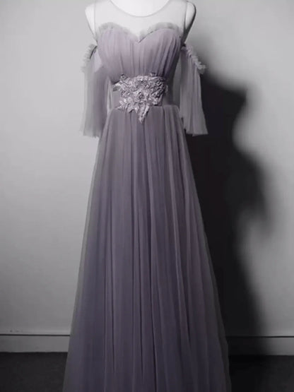 Gray Tulle Evening Dress with Embellished Waist Off-Shoulder Evening Gown with Sleeves