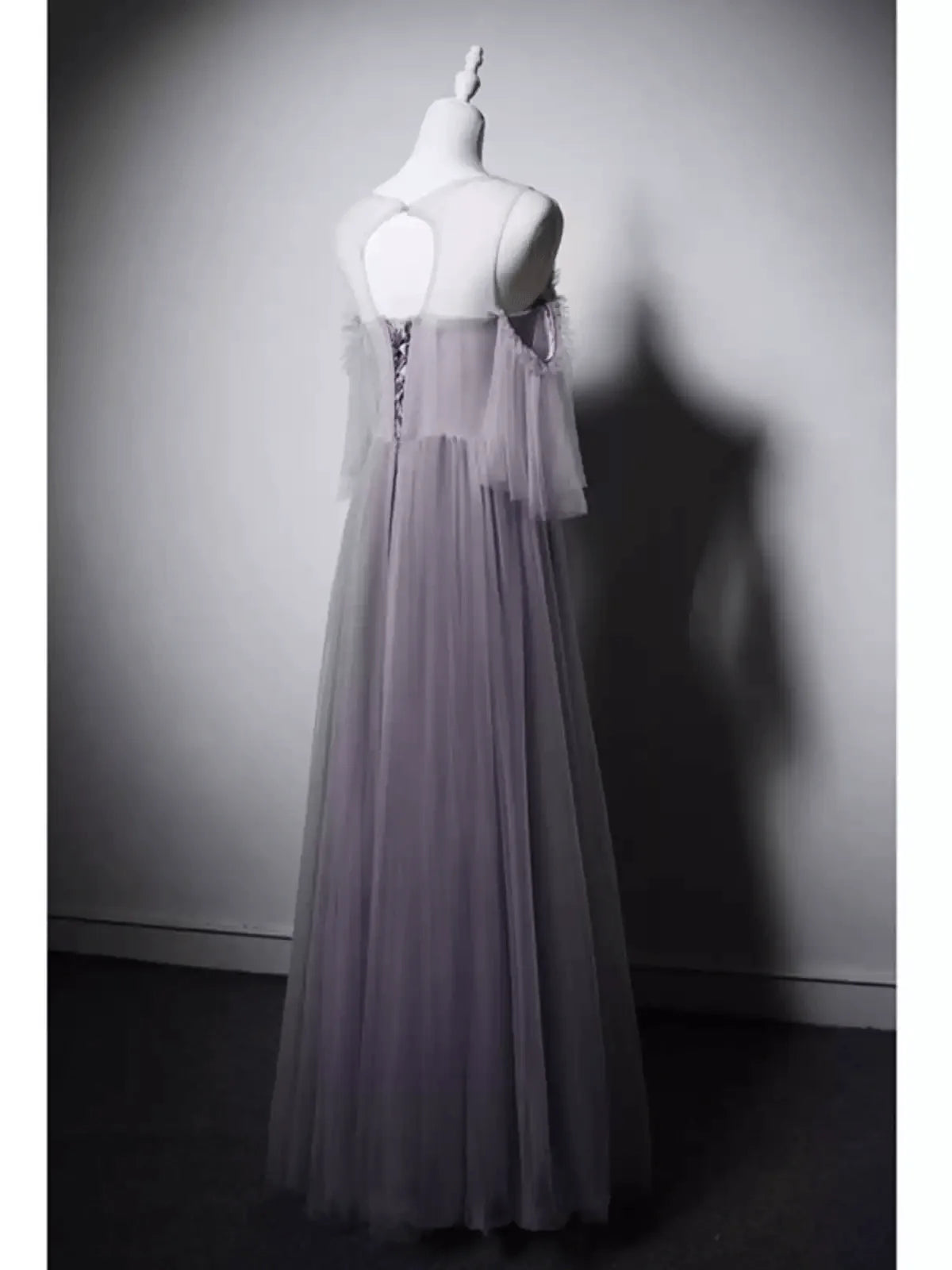 Gray Tulle Evening Dress with Embellished Waist Off-Shoulder Evening Gown with Sleeves