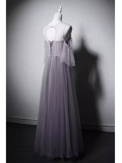 Gray Tulle Evening Dress with Embellished Waist Off-Shoulder Evening Gown with Sleeves