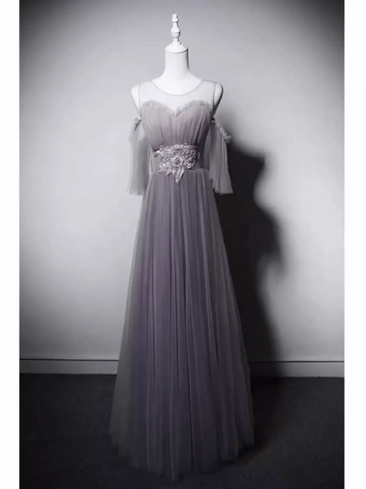 Gray Tulle Evening Dress with Embellished Waist Off-Shoulder Evening Gown with Sleeves