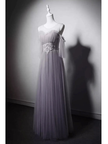 Gray Tulle Evening Dress with Embellished Waist Off-Shoulder Evening Gown with Sleeves