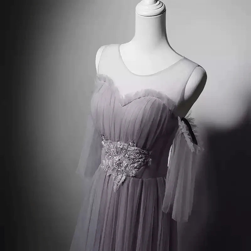 Gray Tulle Evening Dress with Embellished Waist Off-Shoulder Evening Gown with Sleeves